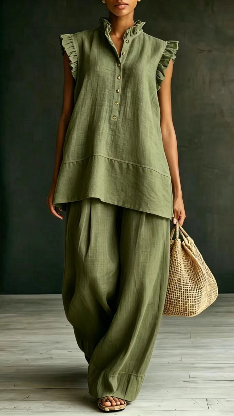 Women's Ruffled Sleeveless Shirt and Loose-Fit Trousers Two-Piece Set