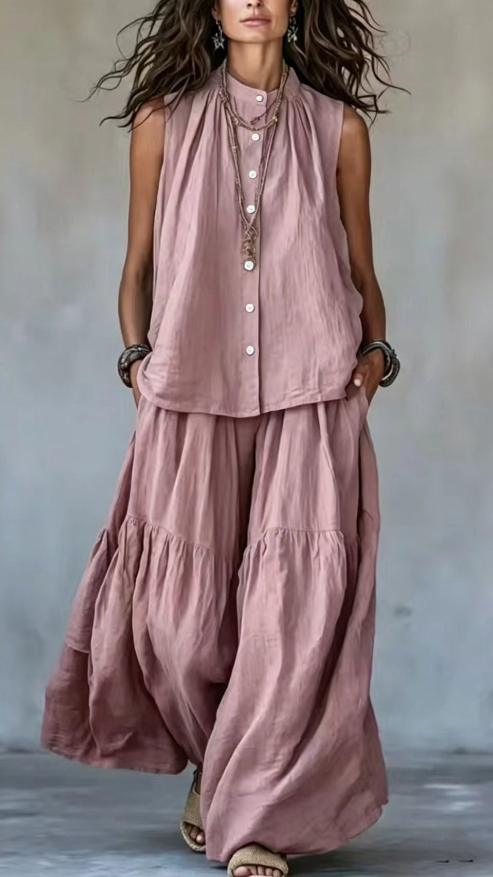 Women's Two-Piece Set: Stand-Collar, Sleeveless Top with Front Placket & Wide-Leg Pants