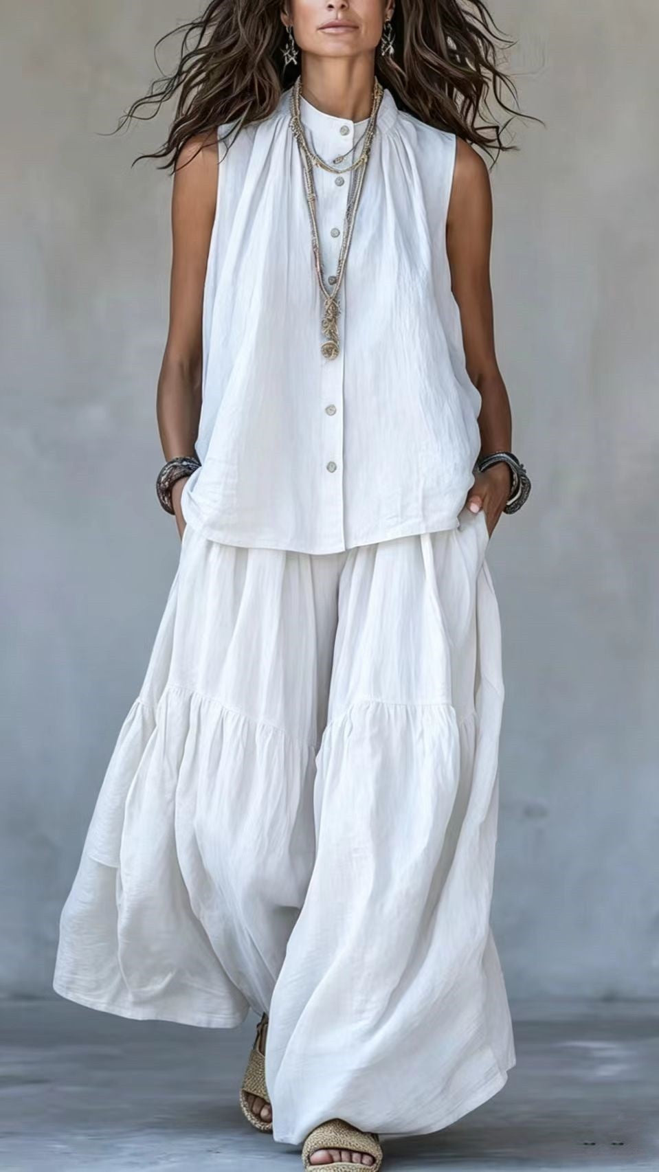 Women's Two-Piece Set: Stand-Collar, Sleeveless Top with Front Placket & Wide-Leg Pants