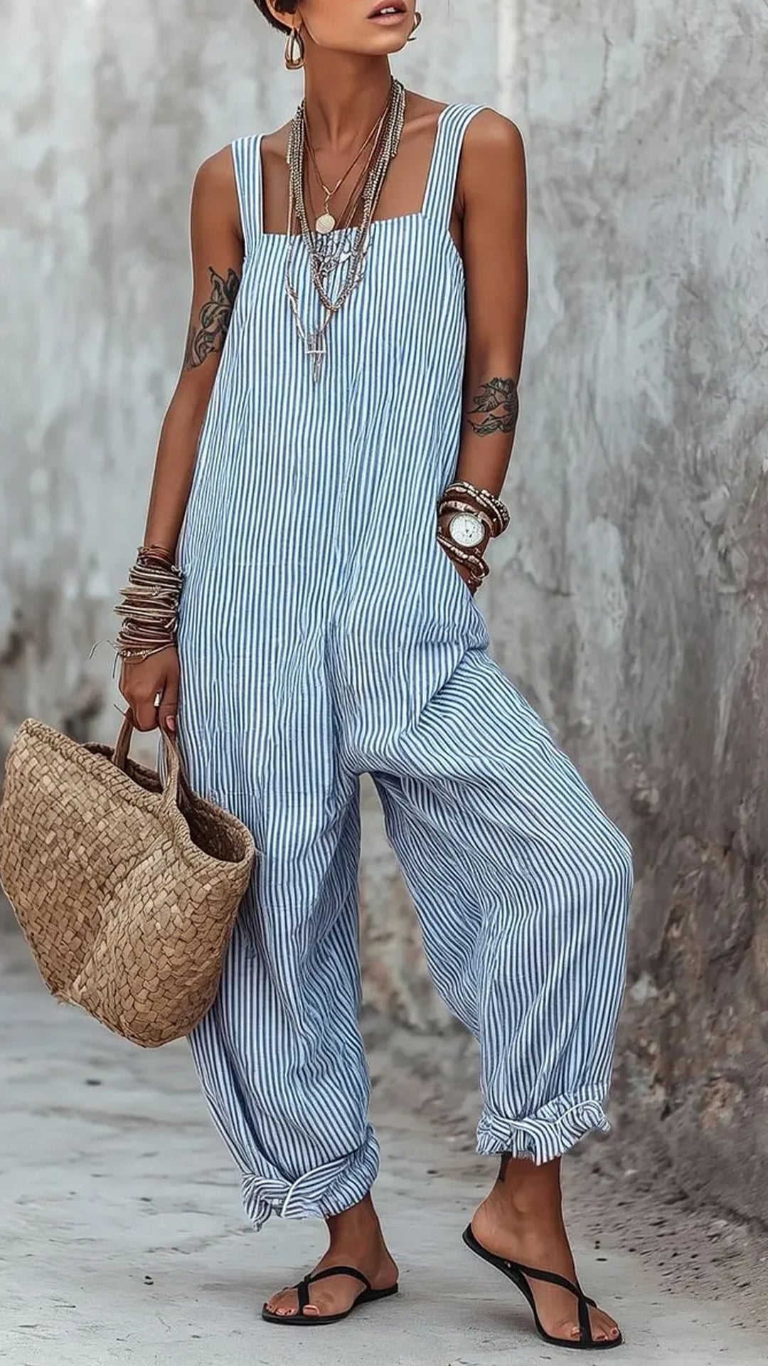 Women's Minimalist Striped Loose-Fit Square-Neck Sleeveless Jumpsuit