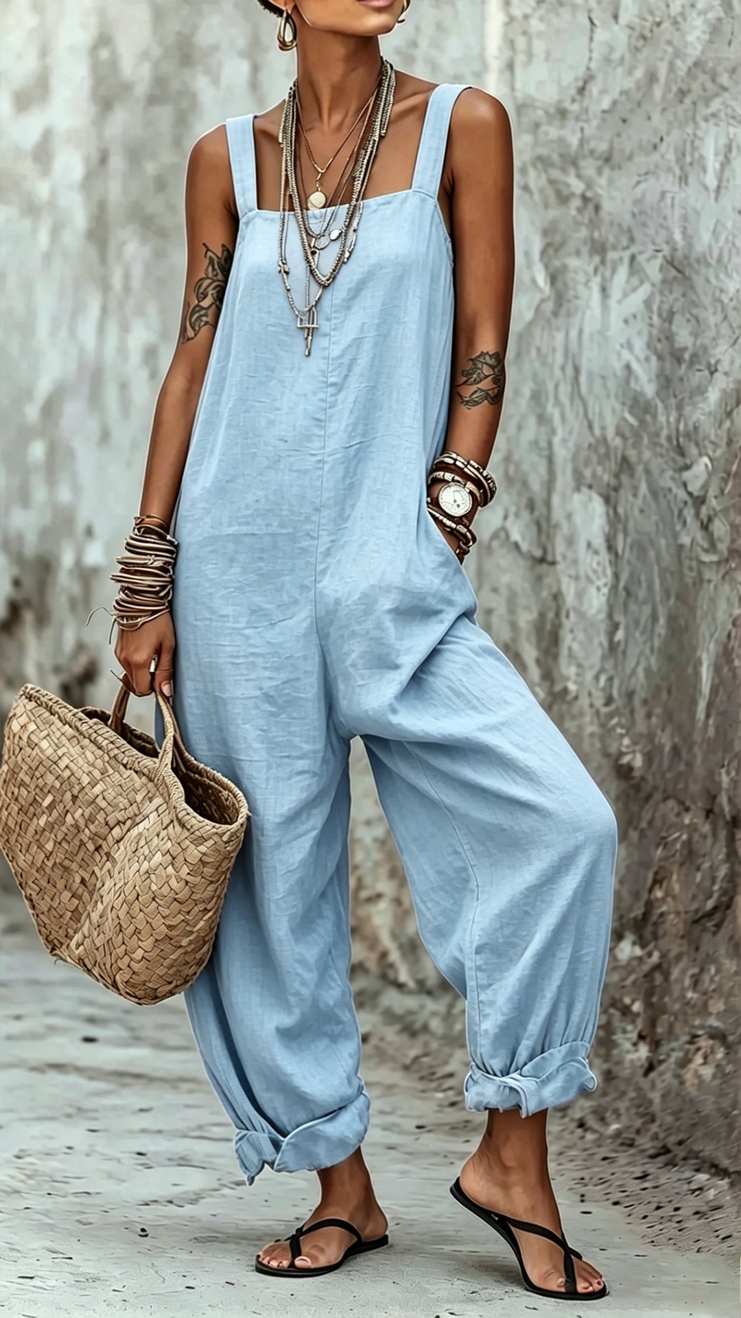 Women's Minimalist Striped Loose-Fit Square-Neck Sleeveless Jumpsuit