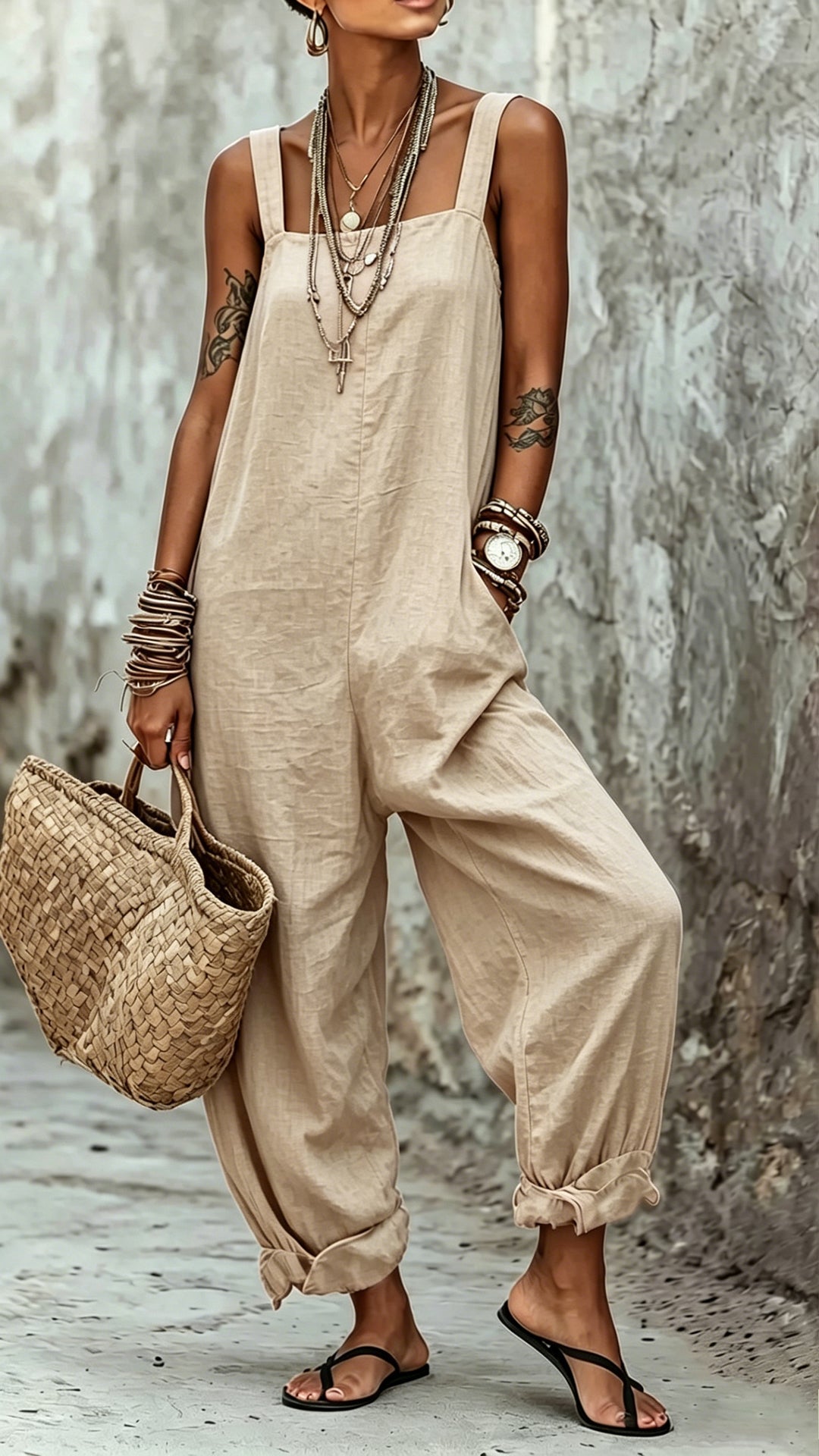 Women's Minimalist Striped Loose-Fit Square-Neck Sleeveless Jumpsuit