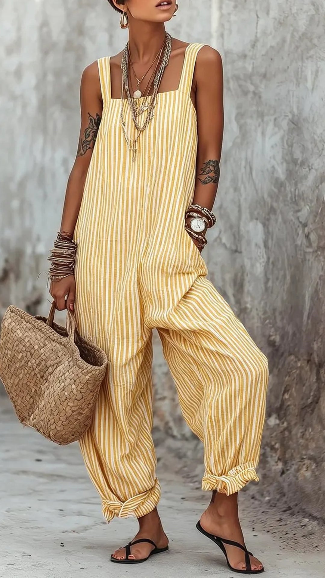 Women's Minimalist Striped Loose-Fit Square-Neck Sleeveless Jumpsuit