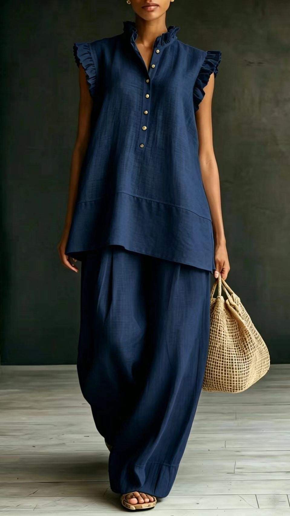 Women's Ruffled Sleeveless Shirt and Loose-Fit Trousers Two-Piece Set