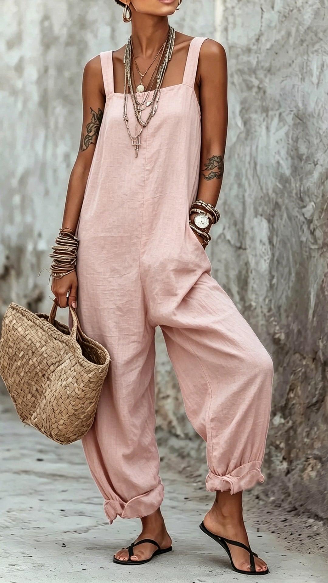 Women's Minimalist Striped Loose-Fit Square-Neck Sleeveless Jumpsuit
