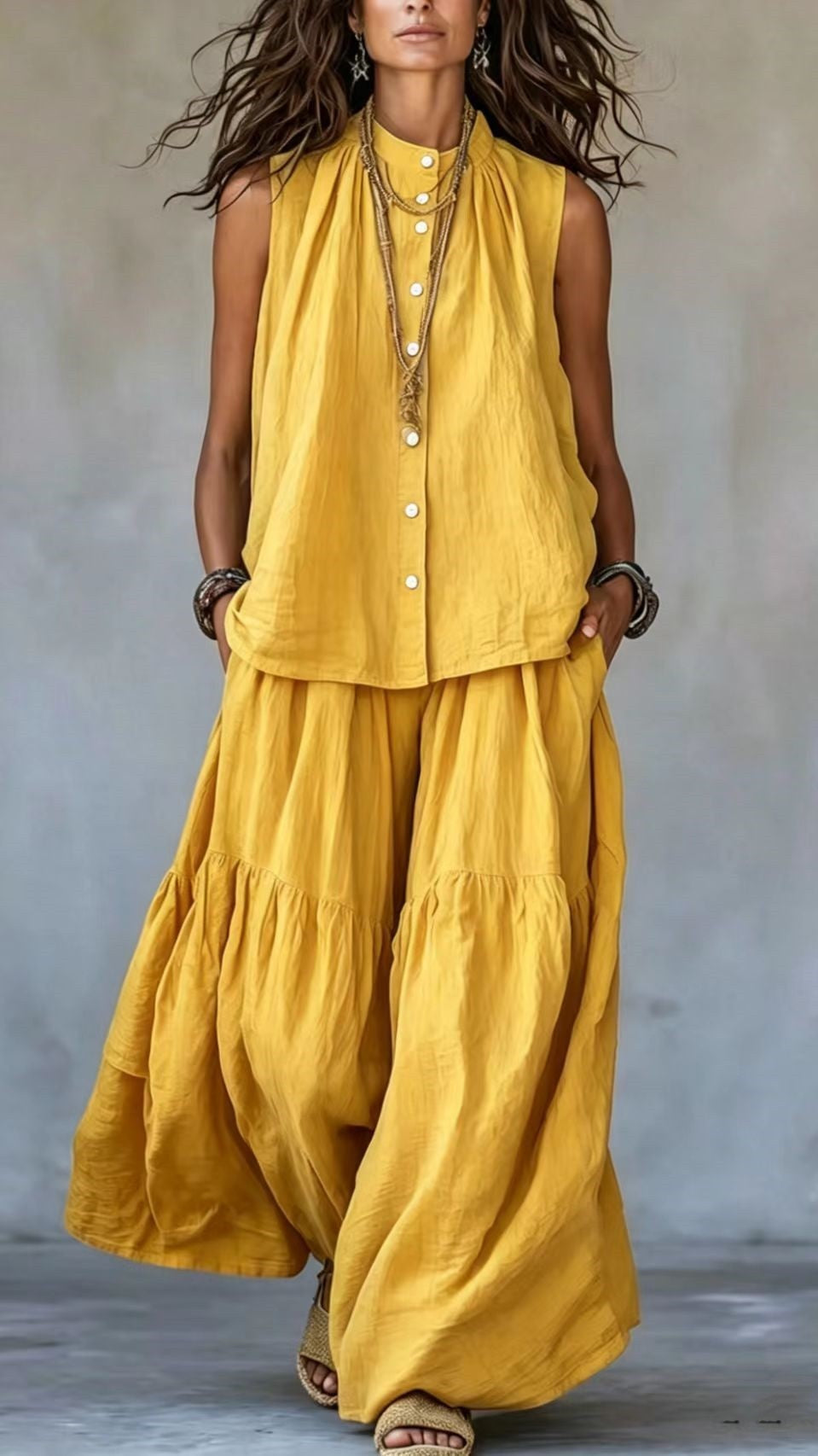 Women's Two-Piece Set: Stand-Collar, Sleeveless Top with Front Placket & Wide-Leg Pants