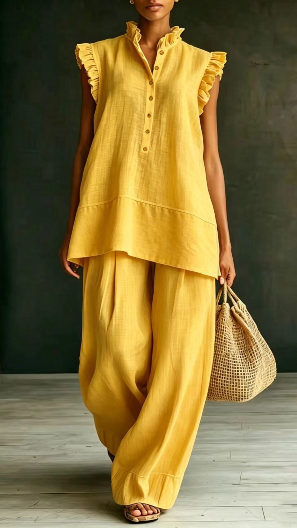 Women's Ruffled Sleeveless Shirt and Loose-Fit Trousers Two-Piece Set