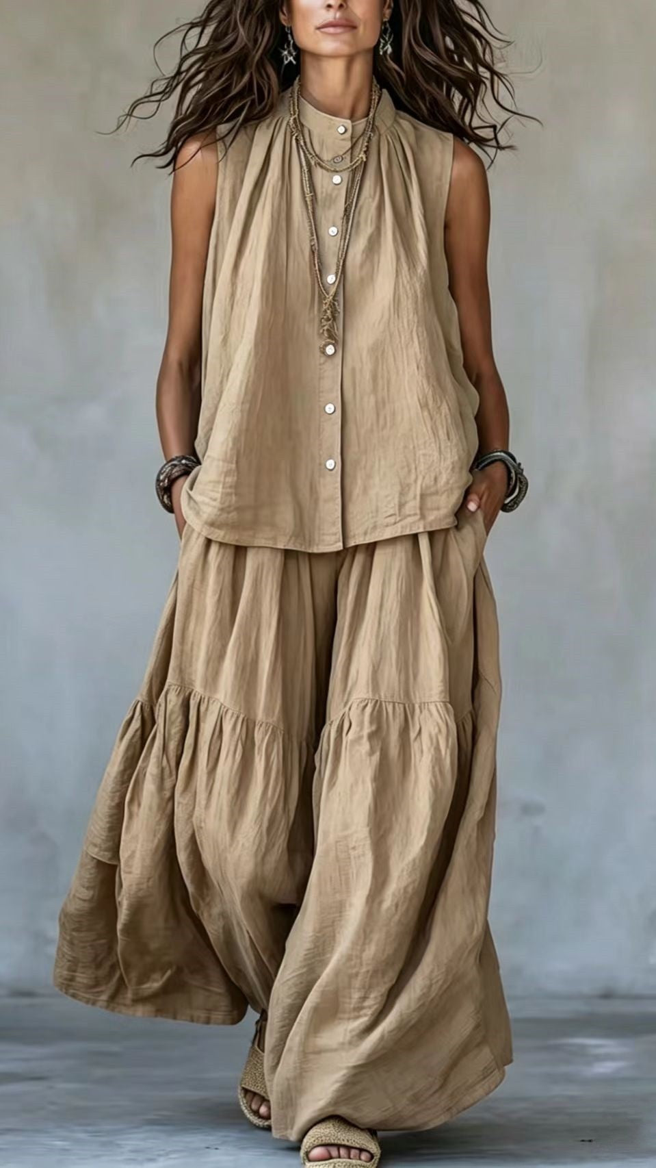 Women's Two-Piece Set: Stand-Collar, Sleeveless Top with Front Placket & Wide-Leg Pants