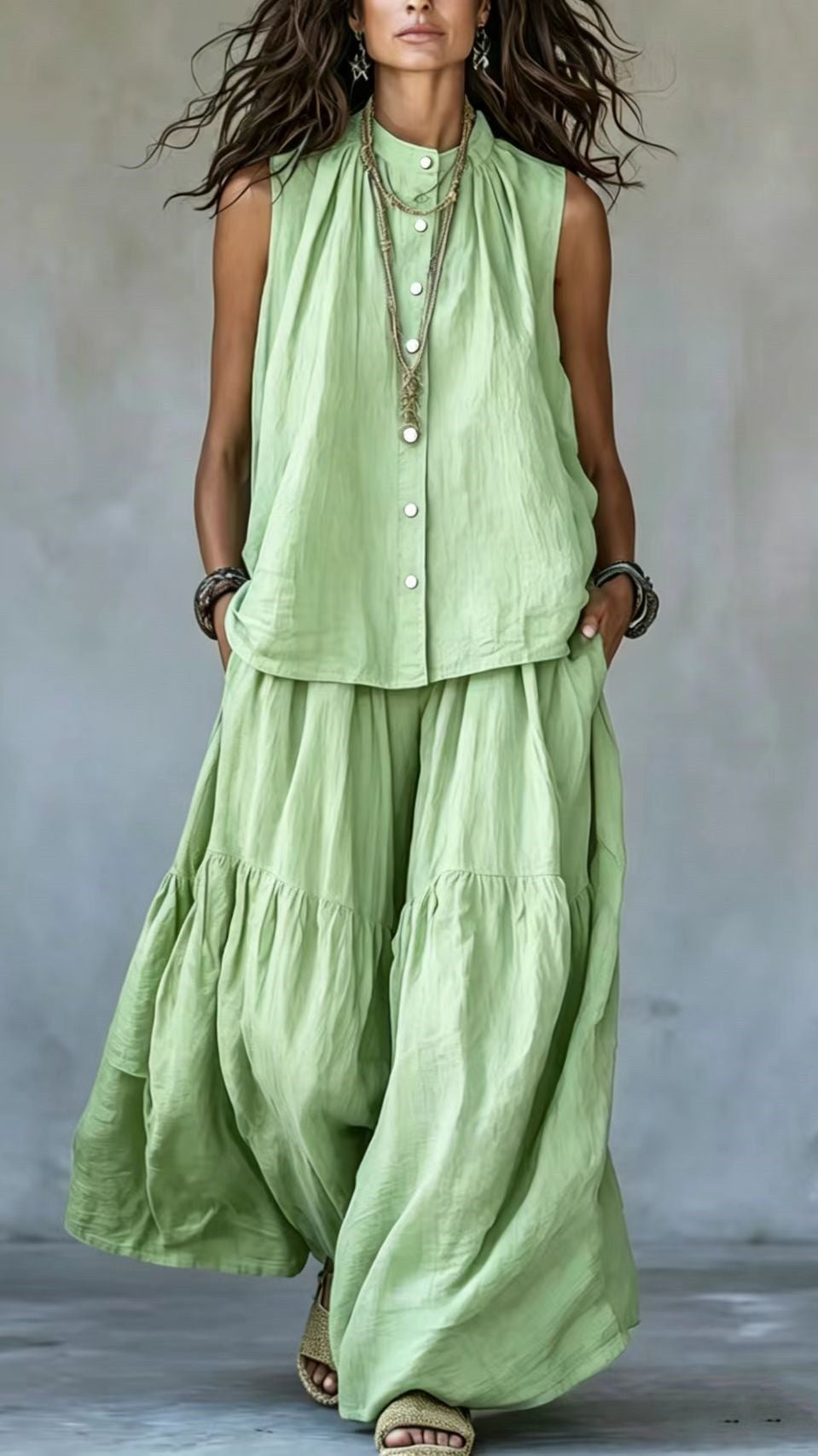 Women's Two-Piece Set: Stand-Collar, Sleeveless Top with Front Placket & Wide-Leg Pants