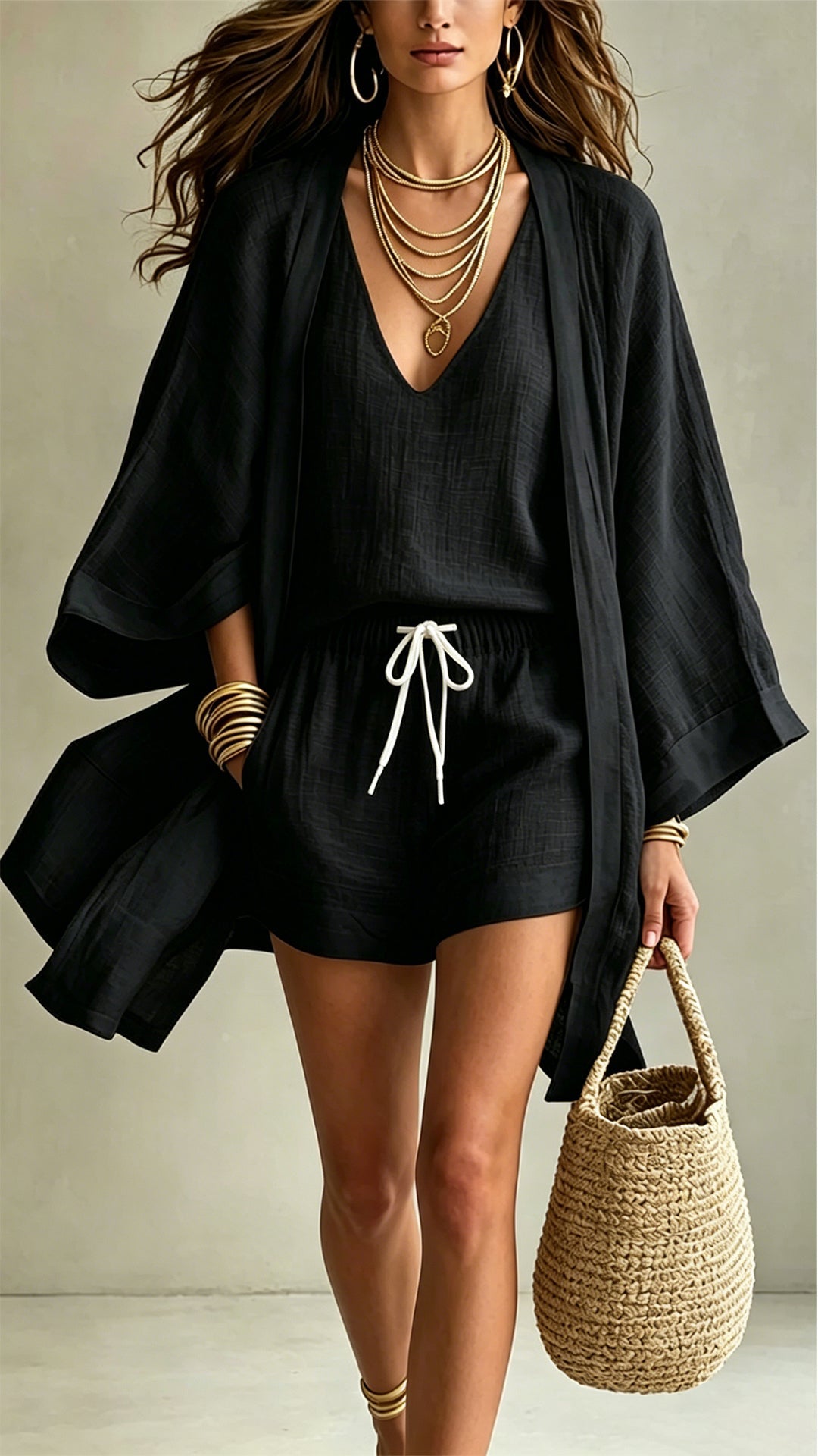 Women's  Linen-Blend Three-Piece Set (Kimono + Tank + Shorts)