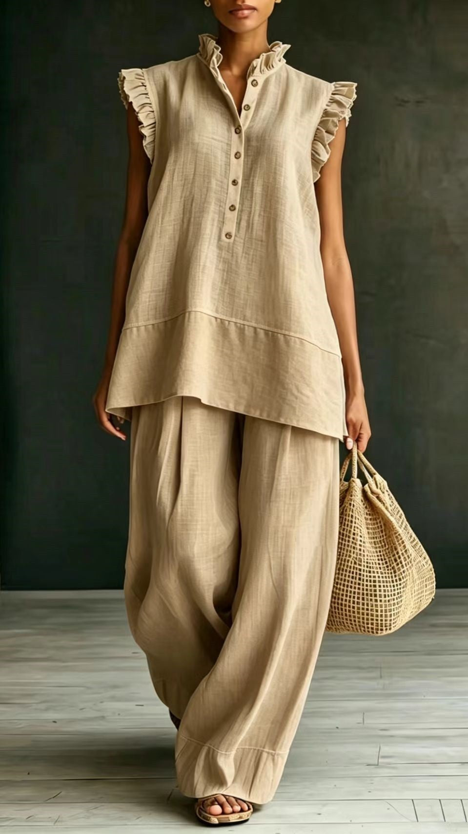 Women's Ruffled Sleeveless Shirt and Loose-Fit Trousers Two-Piece Set