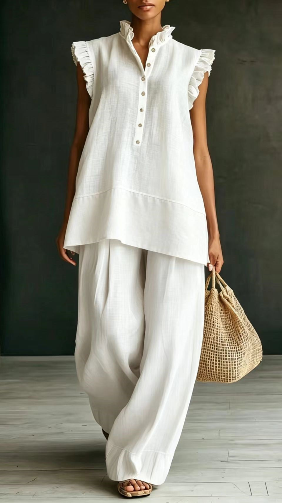 Women's Ruffled Sleeveless Shirt and Loose-Fit Trousers Two-Piece Set